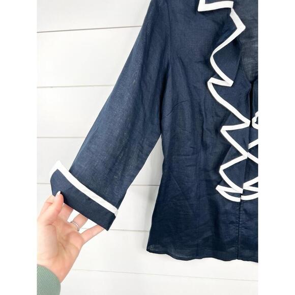 Talbots Ruffle Front Blue Linen Blouse 3/4 Sleeves Contrast Trim Womens Size 8 - Picture 4 of 12